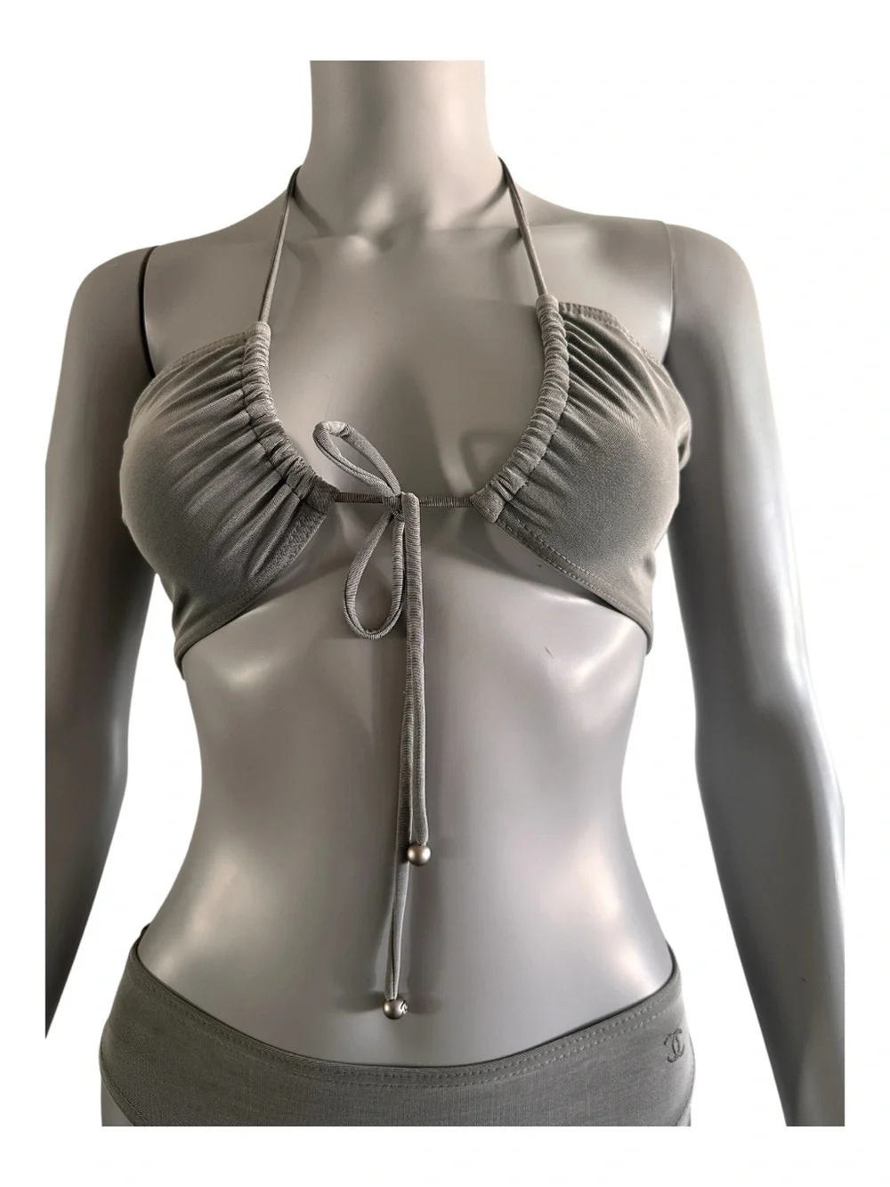 AUTHENTIC CHANEL Silver/Gray Tie-Front Halter Bikini